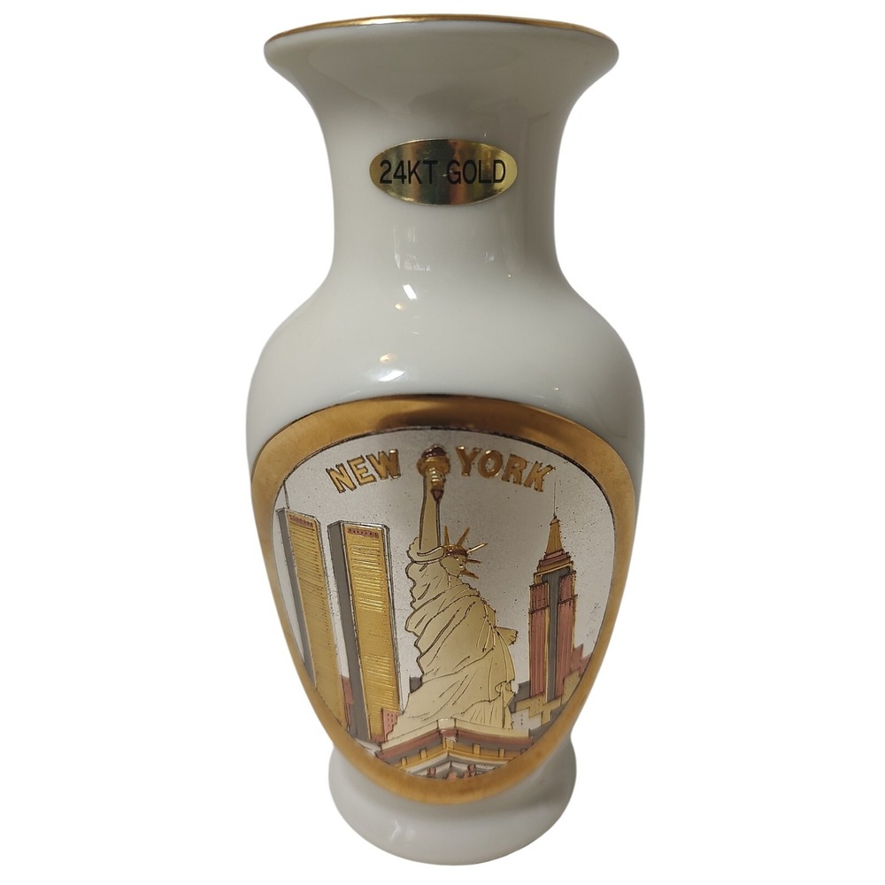 Vintage The Art of Chokin Vase Twin Towers Statue Of Liberty 24 Karat Gold‎